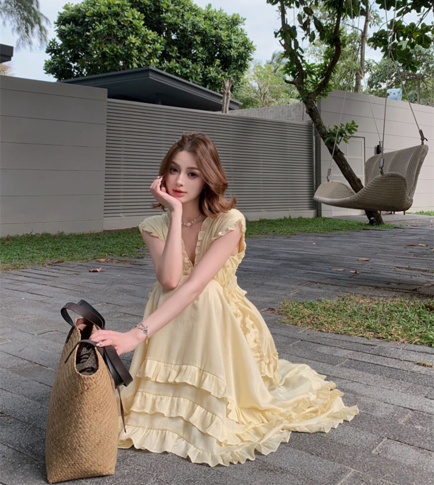 Graceful Ruffles A-Line Maxi Dresses Playful Deep V Neck Sleeveless Cinched-Waist Long Dress AP3453