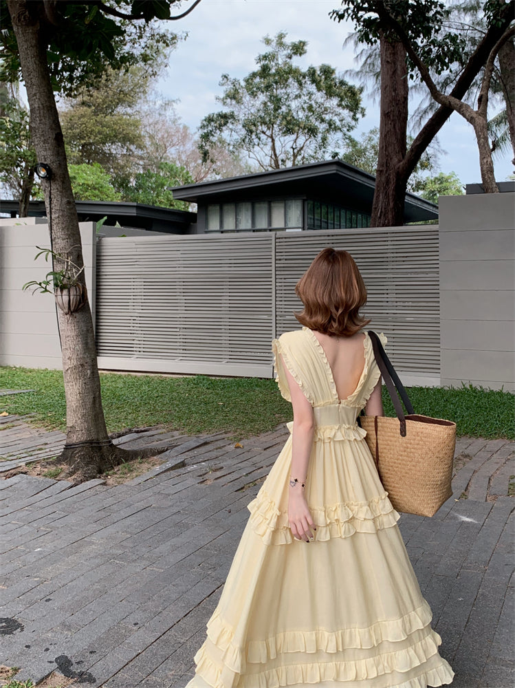 Graceful Ruffles A-Line Maxi Dresses Playful Deep V Neck Sleeveless Cinched-Waist Long Dress AP3453