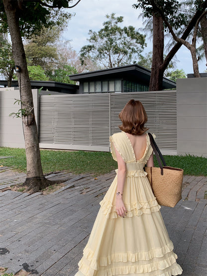 Graceful Ruffles A-Line Maxi Dresses Playful Deep V Neck Sleeveless Cinched-Waist Long Dress AP3453