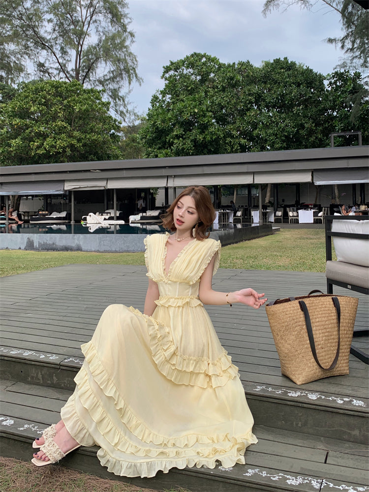 Graceful Ruffles A-Line Maxi Dresses Playful Deep V Neck Sleeveless Cinched-Waist Long Dress AP3453