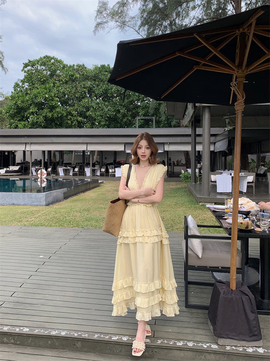 Graceful Ruffles A-Line Maxi Dresses Playful Deep V Neck Sleeveless Cinched-Waist Long Dress AP3453