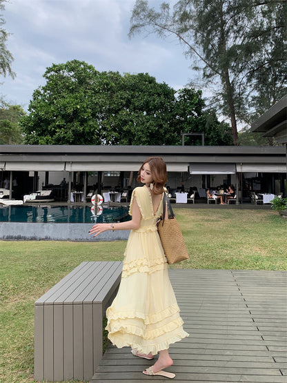 Graceful Ruffles A-Line Maxi Dresses Playful Deep V Neck Sleeveless Cinched-Waist Long Dress AP3453