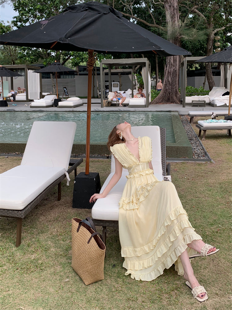 Graceful Ruffles A-Line Maxi Dresses Playful Deep V Neck Sleeveless Cinched-Waist Long Dress AP3453