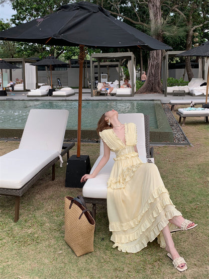 Graceful Ruffles A-Line Maxi Dresses Playful Deep V Neck Sleeveless Cinched-Waist Long Dress AP3453