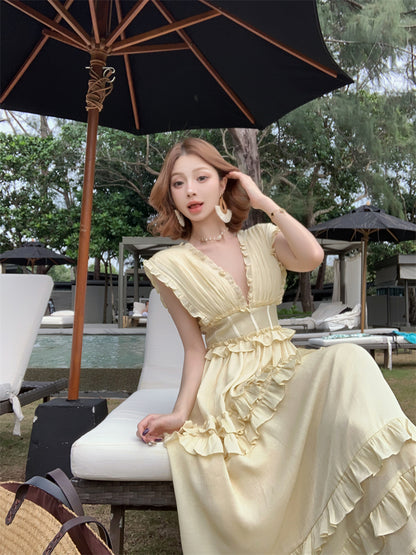 Graceful Ruffles A-Line Maxi Dresses Playful Deep V Neck Sleeveless Cinched-Waist Long Dress AP3453