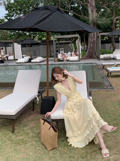 Graceful Ruffles A-Line Maxi Dresses Playful Deep V Neck Sleeveless Cinched-Waist Long Dress AP3453