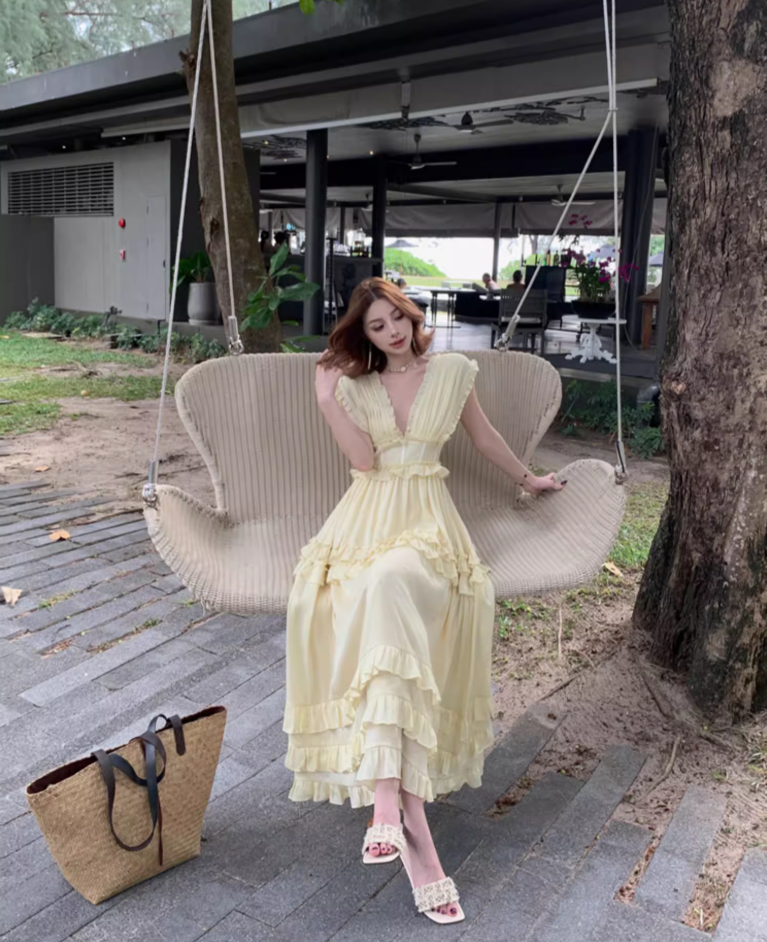 Graceful Ruffles A-Line Maxi Dresses Playful Deep V Neck Sleeveless Cinched-Waist Long Dress AP3453