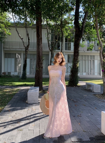 Luxury Spaghetti Strap A-Line Maxi Dress Sweet Jacquard Lace-Up Pink Cinched-Waist Long Dress AP3454