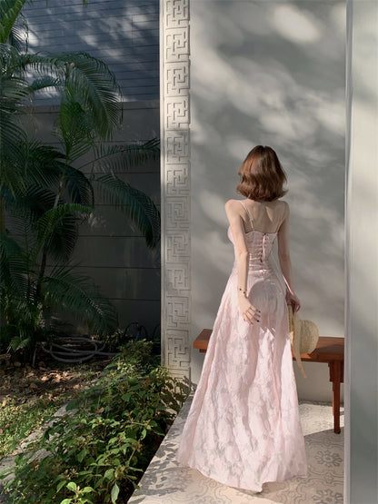 Luxury Spaghetti Strap A-Line Maxi Dress Sweet Jacquard Lace-Up Pink Cinched-Waist Long Dress AP3454