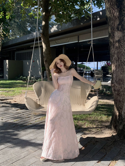 Luxury Spaghetti Strap A-Line Maxi Dress Sweet Jacquard Lace-Up Pink Cinched-Waist Long Dress AP3454