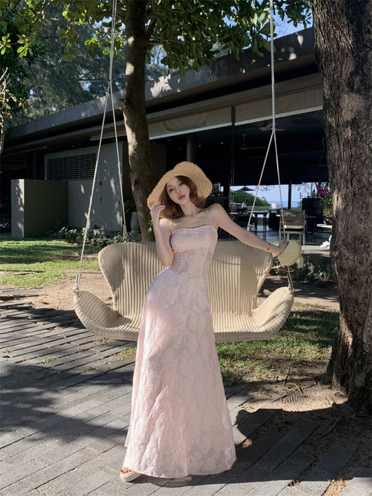 Luxury Spaghetti Strap A-Line Maxi Dress Sweet Jacquard Lace-Up Pink Cinched-Waist Long Dress AP3454