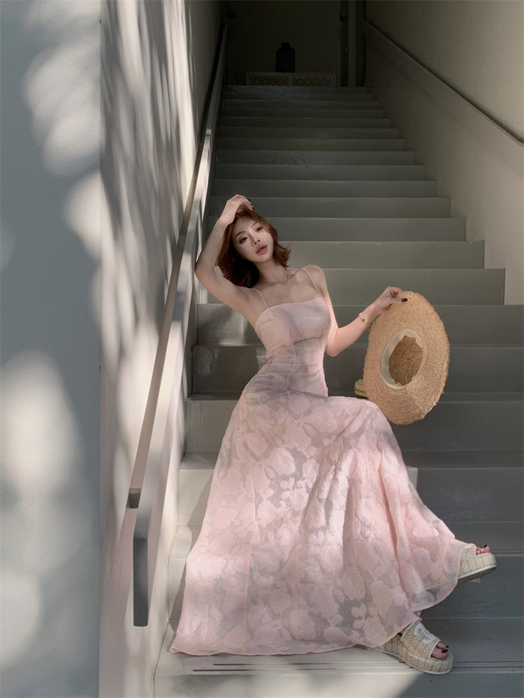 Luxury Spaghetti Strap A-Line Maxi Dress Sweet Jacquard Lace-Up Pink Cinched-Waist Long Dress AP3454