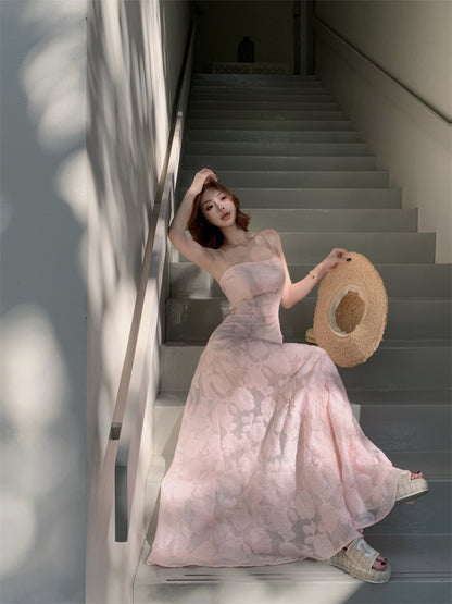 Luxury Spaghetti Strap A-Line Maxi Dress Sweet Jacquard Lace-Up Pink Cinched-Waist Long Dress AP3454