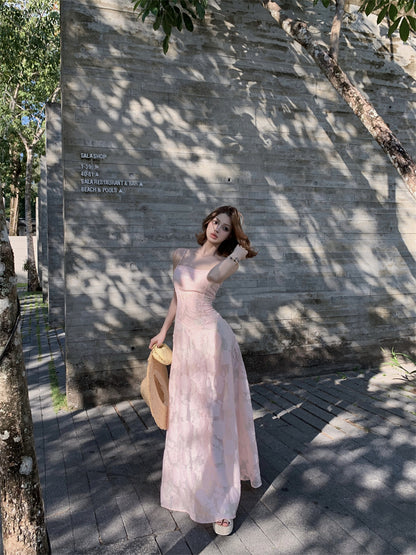 Luxury Spaghetti Strap A-Line Maxi Dress Sweet Jacquard Lace-Up Pink Cinched-Waist Long Dress AP3454