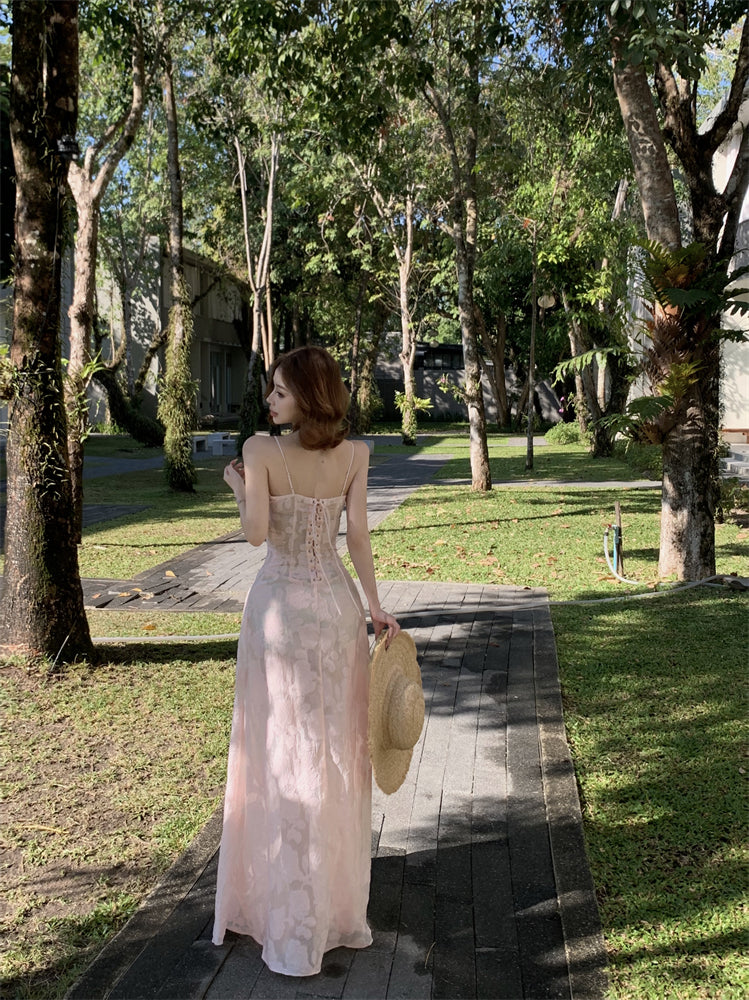 Luxury Spaghetti Strap A-Line Maxi Dress Sweet Jacquard Lace-Up Pink Cinched-Waist Long Dress AP3454