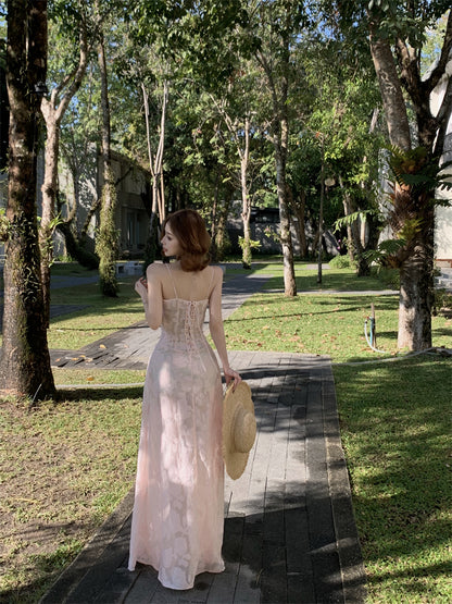 Luxury Spaghetti Strap A-Line Maxi Dress Sweet Jacquard Lace-Up Pink Cinched-Waist Long Dress AP3454