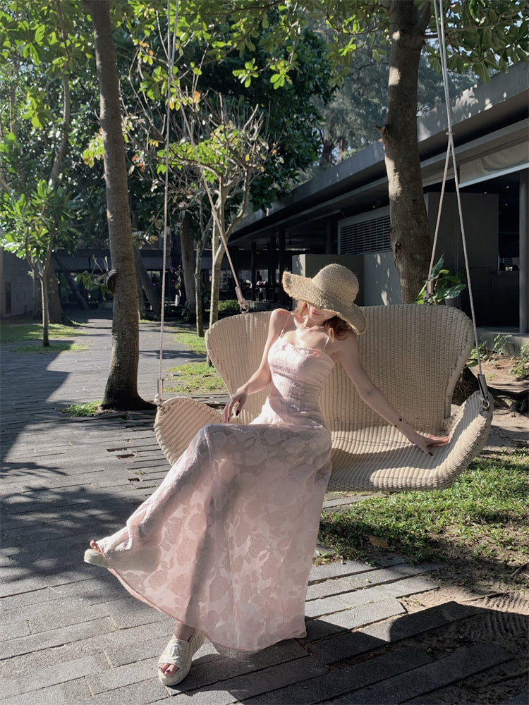 Luxury Spaghetti Strap A-Line Maxi Dress Sweet Jacquard Lace-Up Pink Cinched-Waist Long Dress AP3454