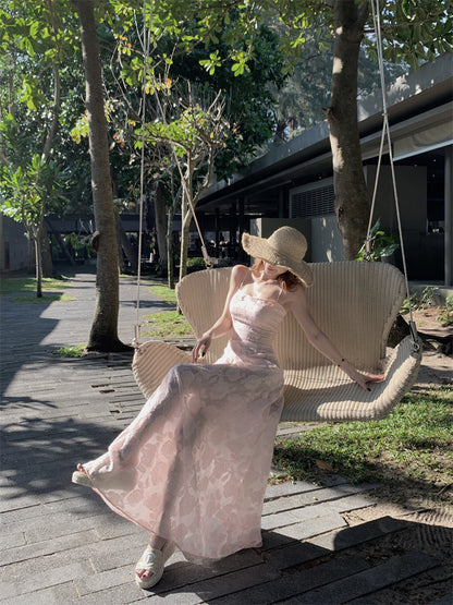 Luxury Spaghetti Strap A-Line Maxi Dress Sweet Jacquard Lace-Up Pink Cinched-Waist Long Dress AP3454