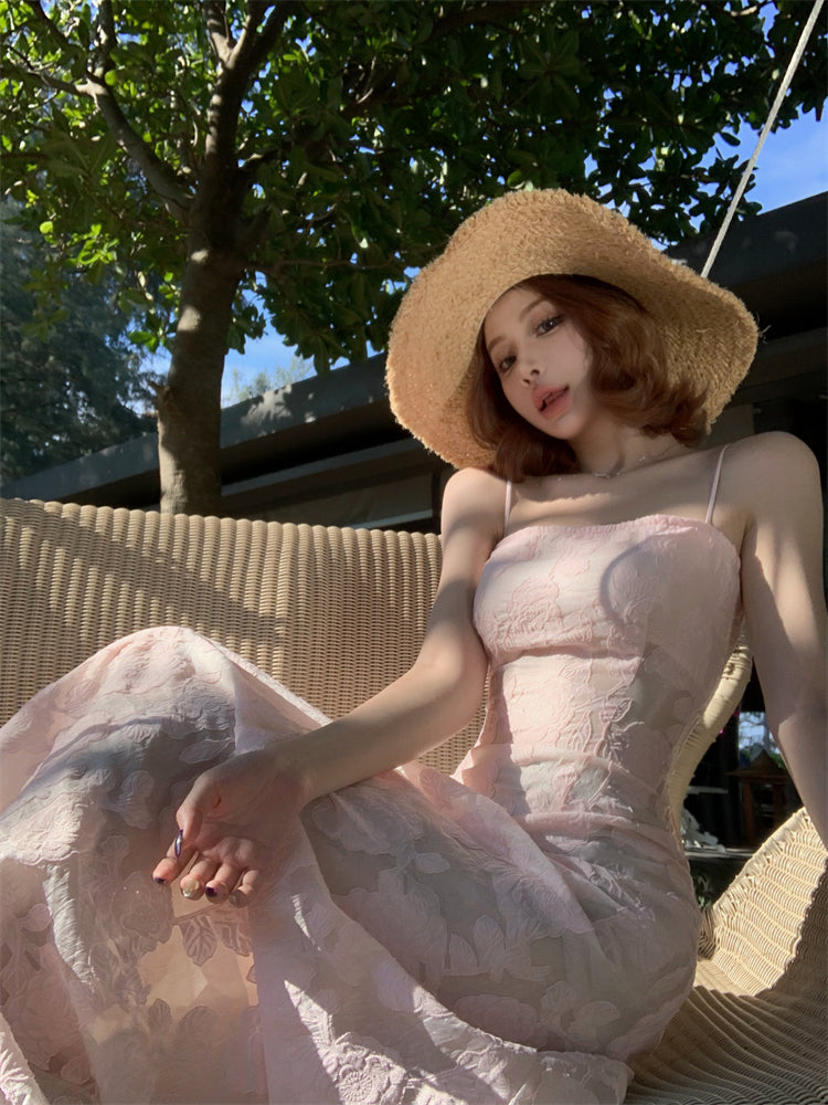 Luxury Spaghetti Strap A-Line Maxi Dress Sweet Jacquard Lace-Up Pink Cinched-Waist Long Dress AP3454