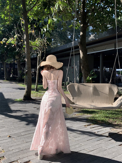 Luxury Spaghetti Strap A-Line Maxi Dress Sweet Jacquard Lace-Up Pink Cinched-Waist Long Dress AP3454