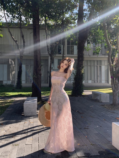 Luxury Spaghetti Strap A-Line Maxi Dress Sweet Jacquard Lace-Up Pink Cinched-Waist Long Dress AP3454