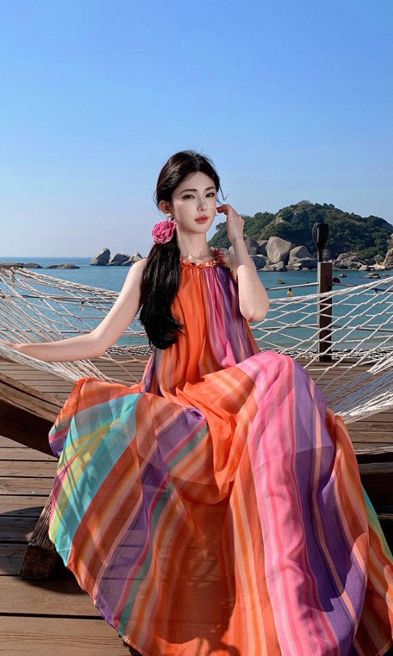 Luxurious A-Line Loose Fit Maxi Dresses Dopamine Fashion Jewel Neck  Rainbow-Striped Long Dress AP3455