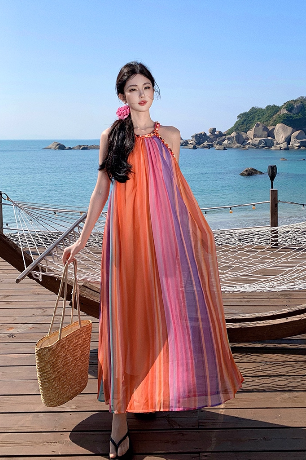 Luxurious A-Line Loose Fit Maxi Dresses Dopamine Fashion Jewel Neck  Rainbow-Striped Long Dress AP3455