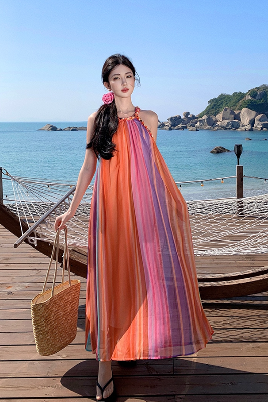 Luxurious A-Line Loose Fit Maxi Dresses Dopamine Fashion Jewel Neck  Rainbow-Striped Long Dress AP3455