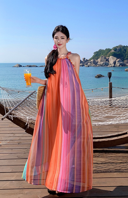 Luxurious A-Line Loose Fit Maxi Dresses Dopamine Fashion Jewel Neck  Rainbow-Striped Long Dress AP3455