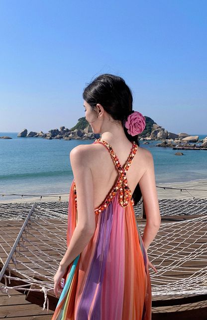 Luxurious A-Line Loose Fit Maxi Dresses Dopamine Fashion Jewel Neck  Rainbow-Striped Long Dress AP3455