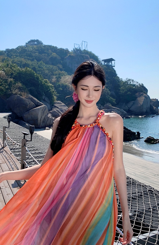 Luxurious A-Line Loose Fit Maxi Dresses Dopamine Fashion Jewel Neck  Rainbow-Striped Long Dress AP3455