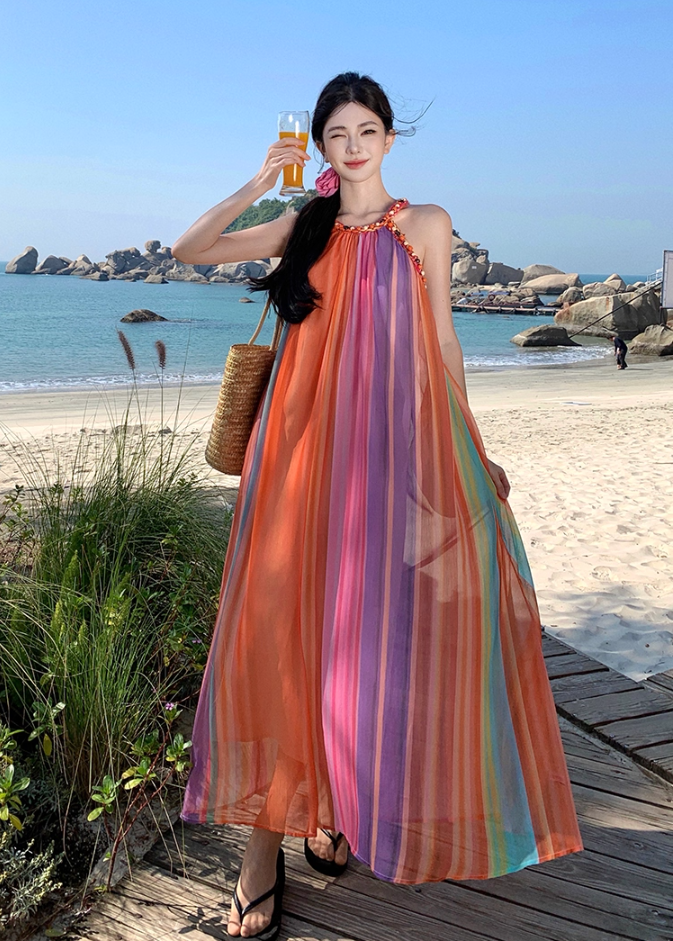 Luxurious A-Line Loose Fit Maxi Dresses Dopamine Fashion Jewel Neck  Rainbow-Striped Long Dress AP3455