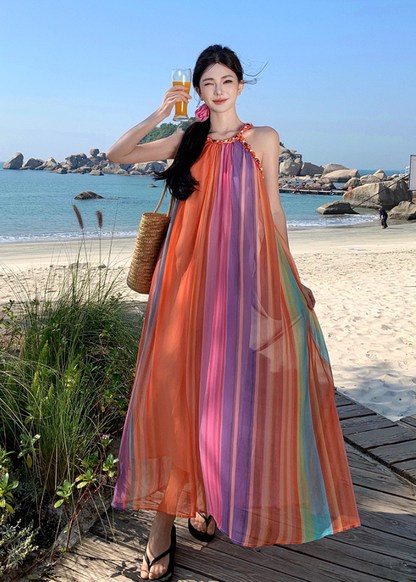 Luxurious A-Line Loose Fit Maxi Dresses Dopamine Fashion Jewel Neck  Rainbow-Striped Long Dress AP3455