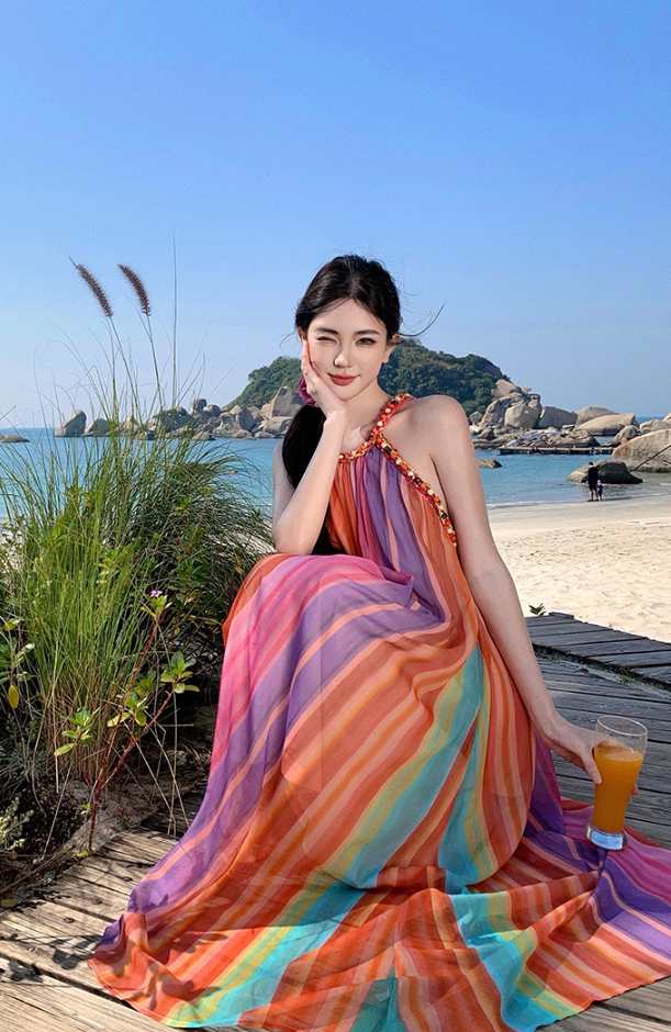 Luxurious A-Line Loose Fit Maxi Dresses Dopamine Fashion Jewel Neck  Rainbow-Striped Long Dress AP3455