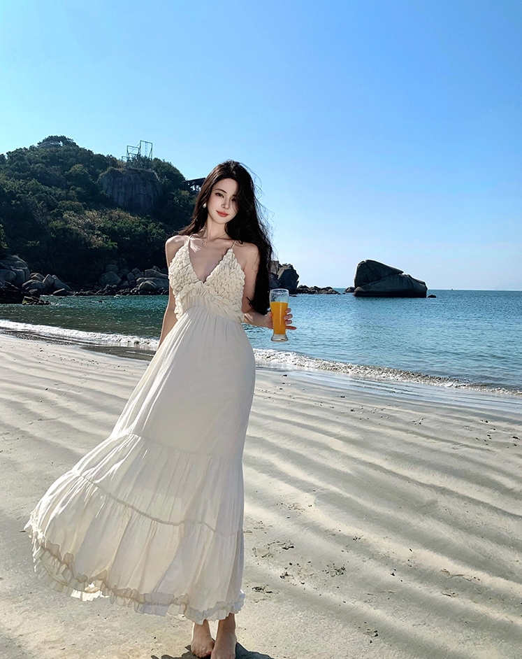 Chic Ruffles A-Line White Flowy Maxi Dress Dreamy Cinched-Waist Backless Vacays Outfit Halter Long Dress AP3456