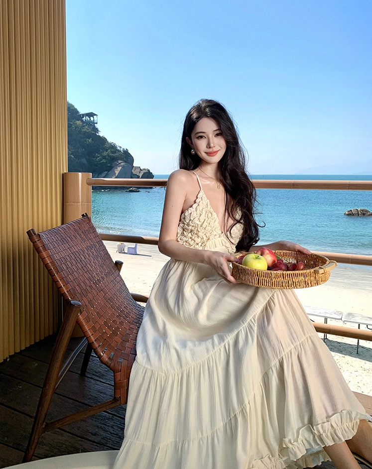 Chic Ruffles A-Line White Flowy Maxi Dress Dreamy Cinched-Waist Backless Vacays Outfit Halter Long Dress AP3456