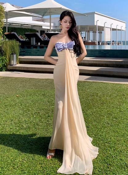 Fabulous Mermaid Strapless Evening Maxi Dresses Charming Bow Accent Sash Tulle Long Dress AP3457