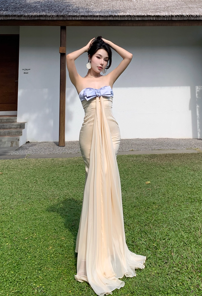 Fabulous Mermaid Strapless Evening Maxi Dresses Charming Bow Accent Sash Tulle Long Dress AP3457