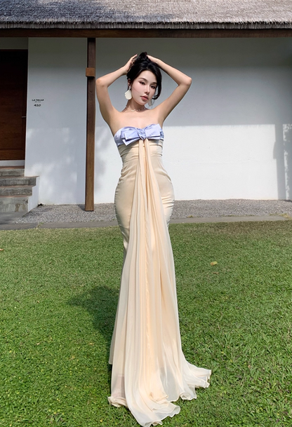 Fabulous Mermaid Strapless Evening Maxi Dresses Charming Bow Accent Sash Tulle Long Dress AP3457
