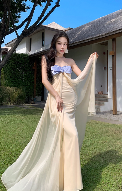 Fabulous Mermaid Strapless Evening Maxi Dresses Charming Bow Accent Sash Tulle Long Dress AP3457