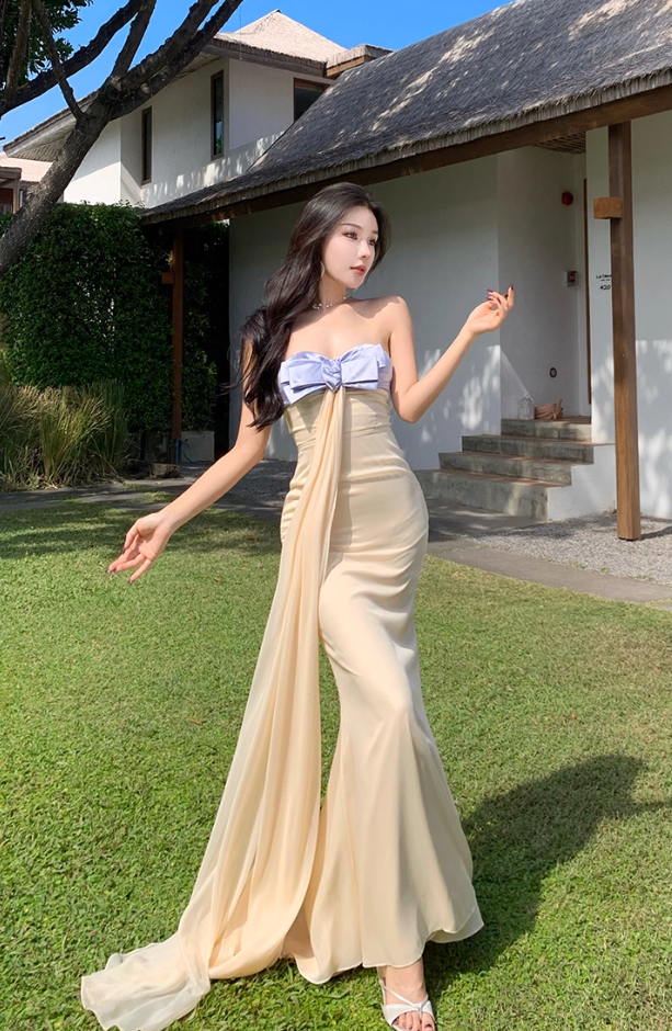 Fabulous Mermaid Strapless Evening Maxi Dresses Charming Bow Accent Sash Tulle Long Dress AP3457