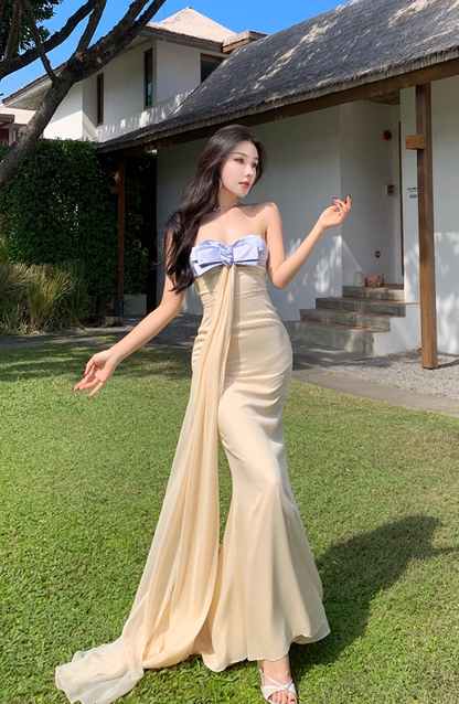 Fabulous Mermaid Strapless Evening Maxi Dresses Charming Bow Accent Sash Tulle Long Dress AP3457