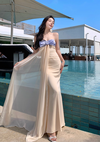 Fabulous Mermaid Strapless Evening Maxi Dresses Charming Bow Accent Sash Tulle Long Dress AP3457