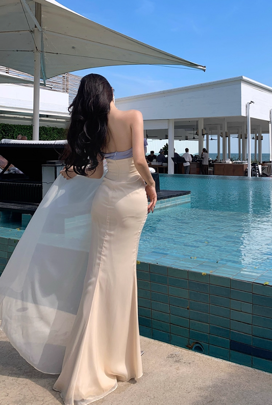 Fabulous Mermaid Strapless Evening Maxi Dresses Charming Bow Accent Sash Tulle Long Dress AP3457