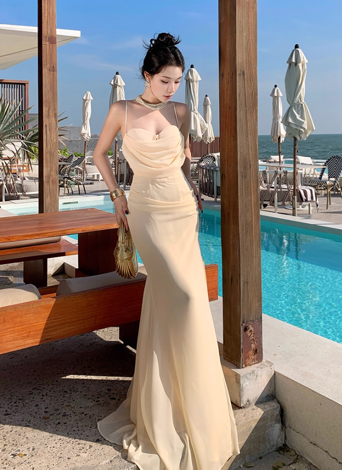 Ornate Spaghetti Strap Evening Mermaid Maxi Dress Ethereal Draped Tulle Crisscross Bind Long Dress AP3458