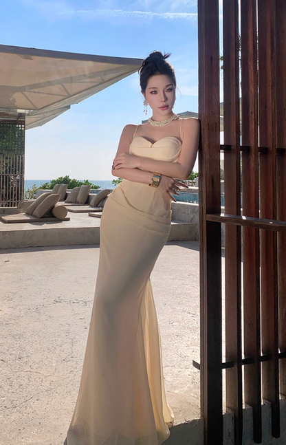 Ornate Spaghetti Strap Evening Mermaid Maxi Dress Ethereal Draped Tulle Crisscross Bind Long Dress AP3458