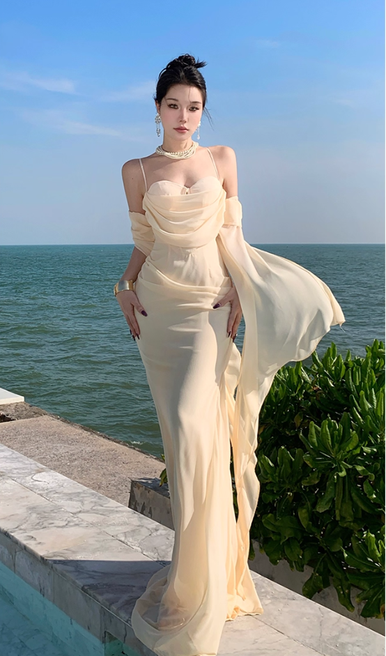 Ornate Spaghetti Strap Evening Mermaid Maxi Dress Ethereal Draped Tulle Crisscross Bind Long Dress AP3458