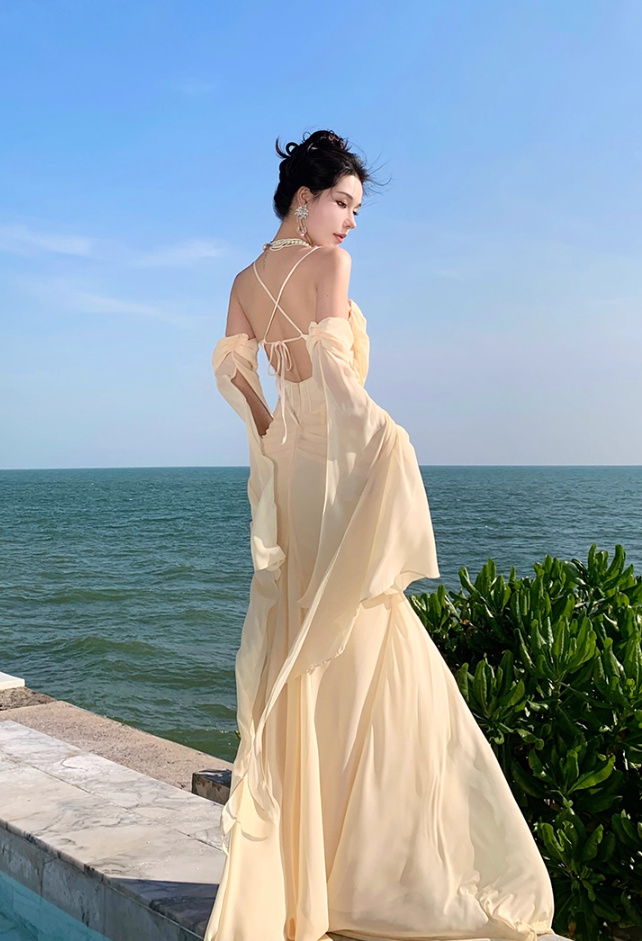 Ornate Spaghetti Strap Evening Mermaid Maxi Dress Ethereal Draped Tulle Crisscross Bind Long Dress AP3458