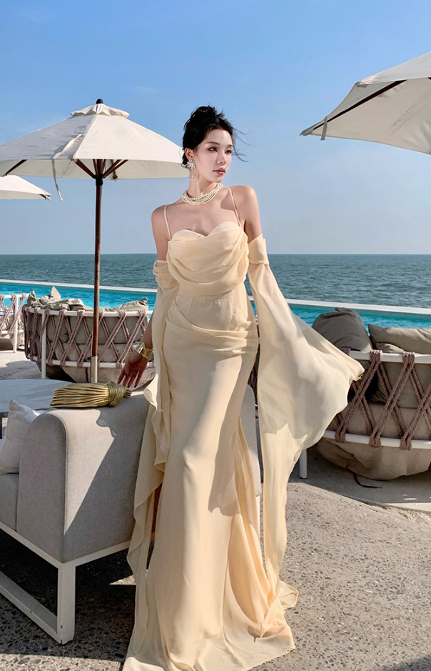 Ornate Spaghetti Strap Evening Mermaid Maxi Dress Ethereal Draped Tulle Crisscross Bind Long Dress AP3458