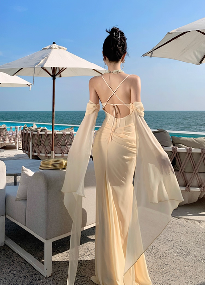 Ornate Spaghetti Strap Evening Mermaid Maxi Dress Ethereal Draped Tulle Crisscross Bind Long Dress AP3458